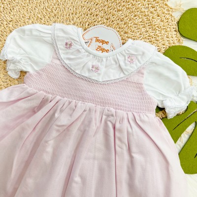 Vestido Manga Curta Gola Bordada 3 Flores - Rosa